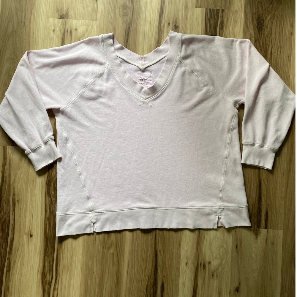Aerie Womens XL Pink Waffle Knit V-Neck Raglan Sweatshirt Pullover‎